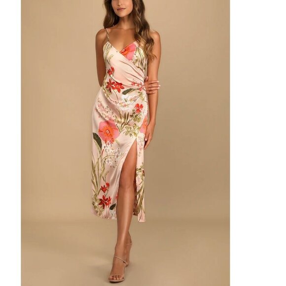 lulus Dresses & Skirts - Lulus Remarkable Entrance Pink Floral Print Satin Midi Dress Size Medium NWOT
